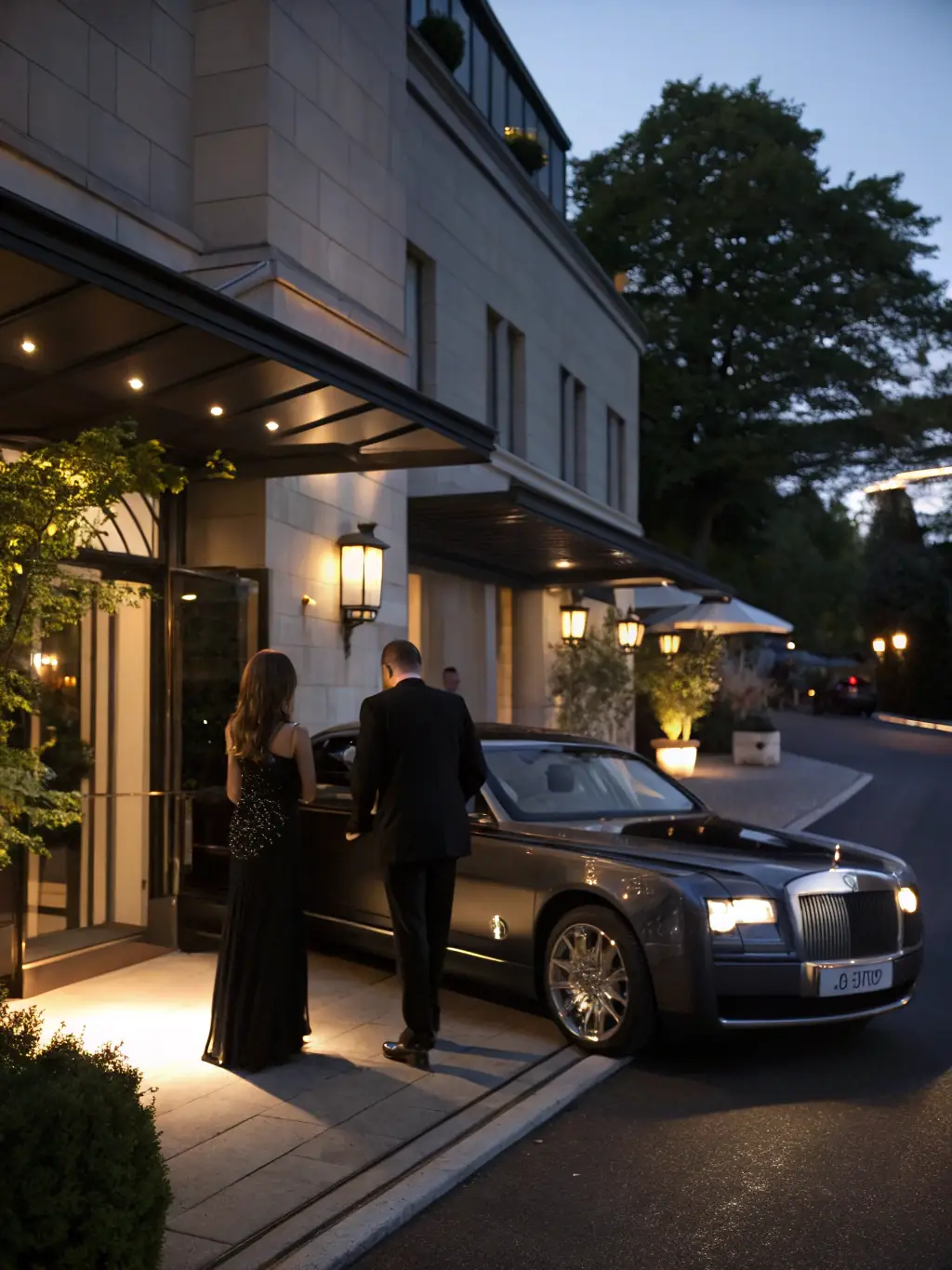 A stylish SUV parked in front of a high-end restaurant, with a chauffeur standing by. The scene suggests a special occasion or a night out in the city.