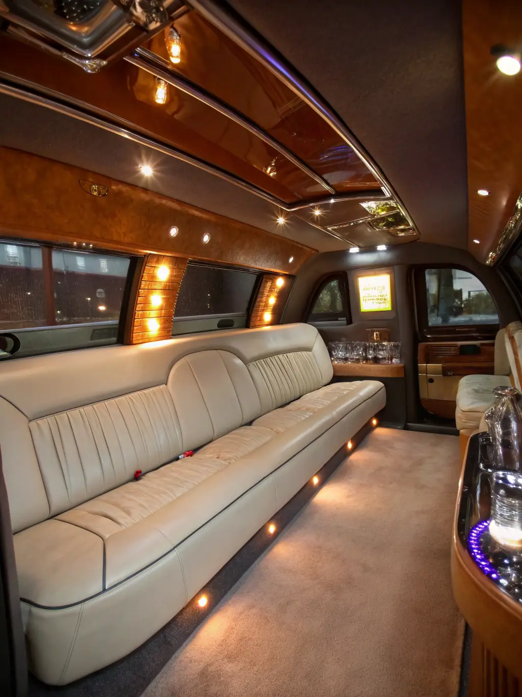 Interior of a luxury vehicle with plush leather seats, ambient lighting, and a bottle of water. The focus is on comfort and a premium travel experience.