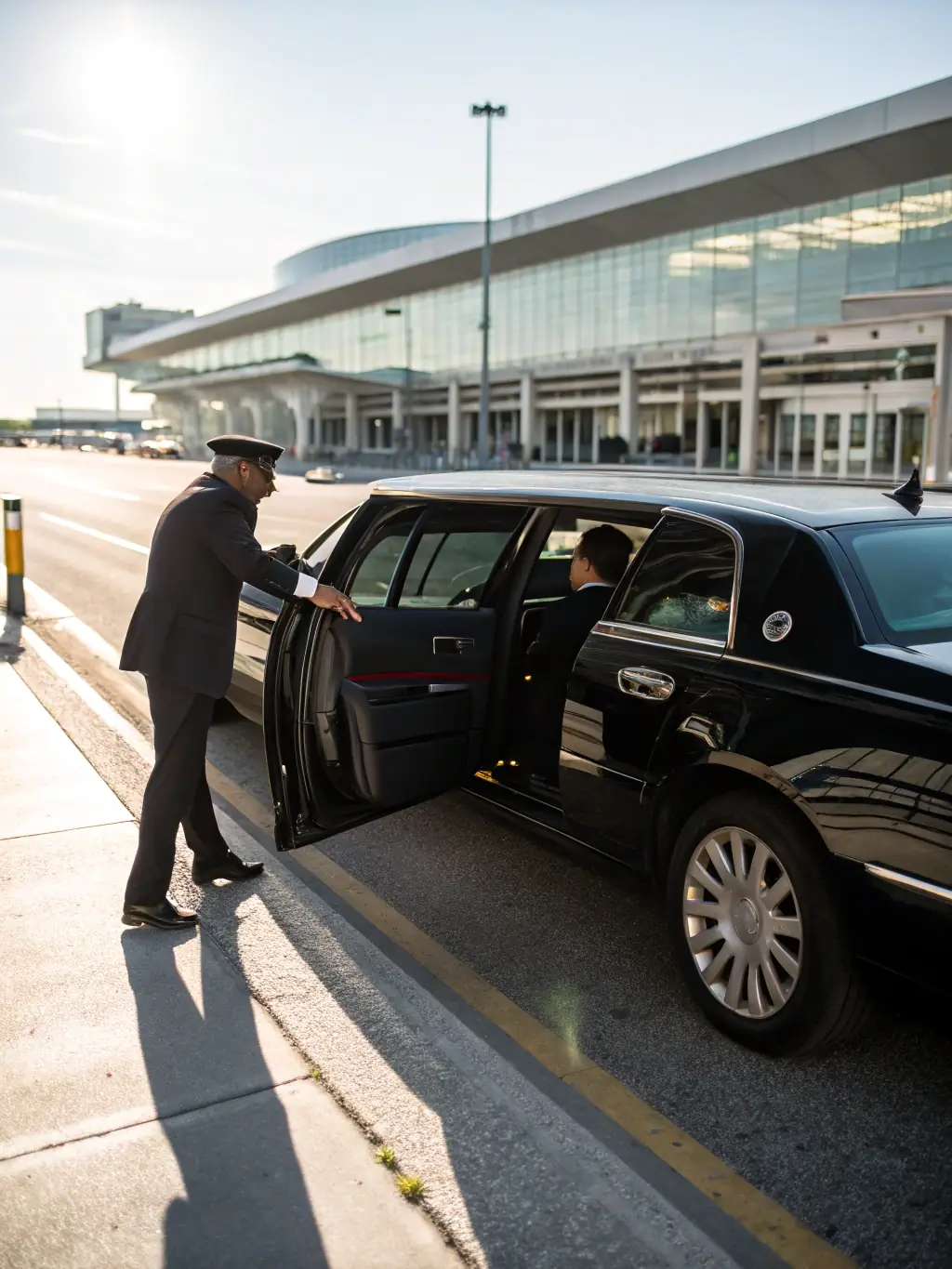 A sleek black sedan arriving at an airport terminal, with a professional chauffeur opening the door for a business traveler. The scene is set during a sunny day, conveying efficiency and luxury.
